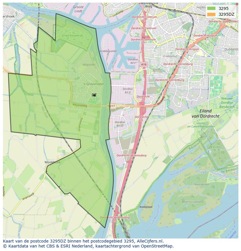 Afbeelding van het postcodegebied 3295 DZ op de kaart.