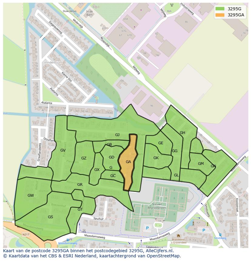 Afbeelding van het postcodegebied 3295 GA op de kaart.