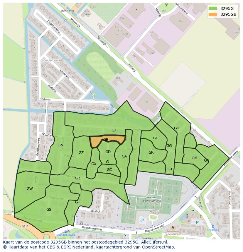 Afbeelding van het postcodegebied 3295 GB op de kaart.