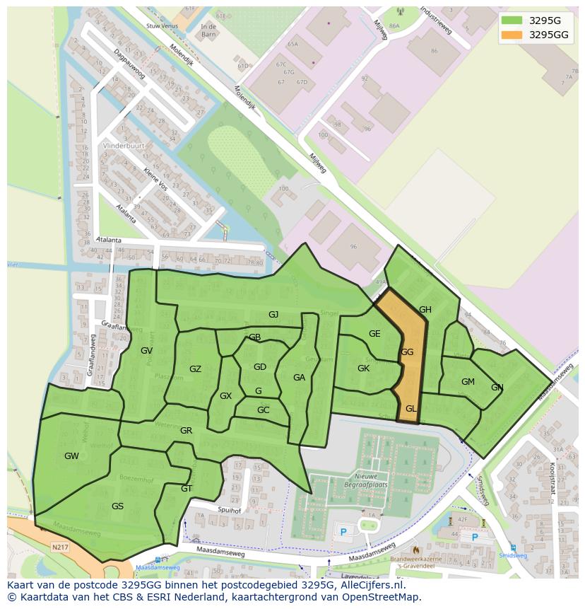 Afbeelding van het postcodegebied 3295 GG op de kaart.