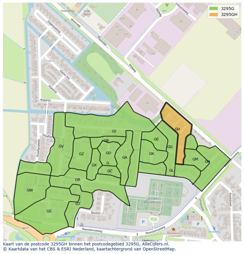Afbeelding van het postcodegebied 3295 GH op de kaart.