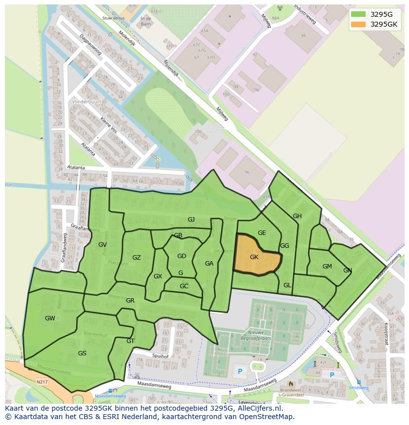 Afbeelding van het postcodegebied 3295 GK op de kaart.