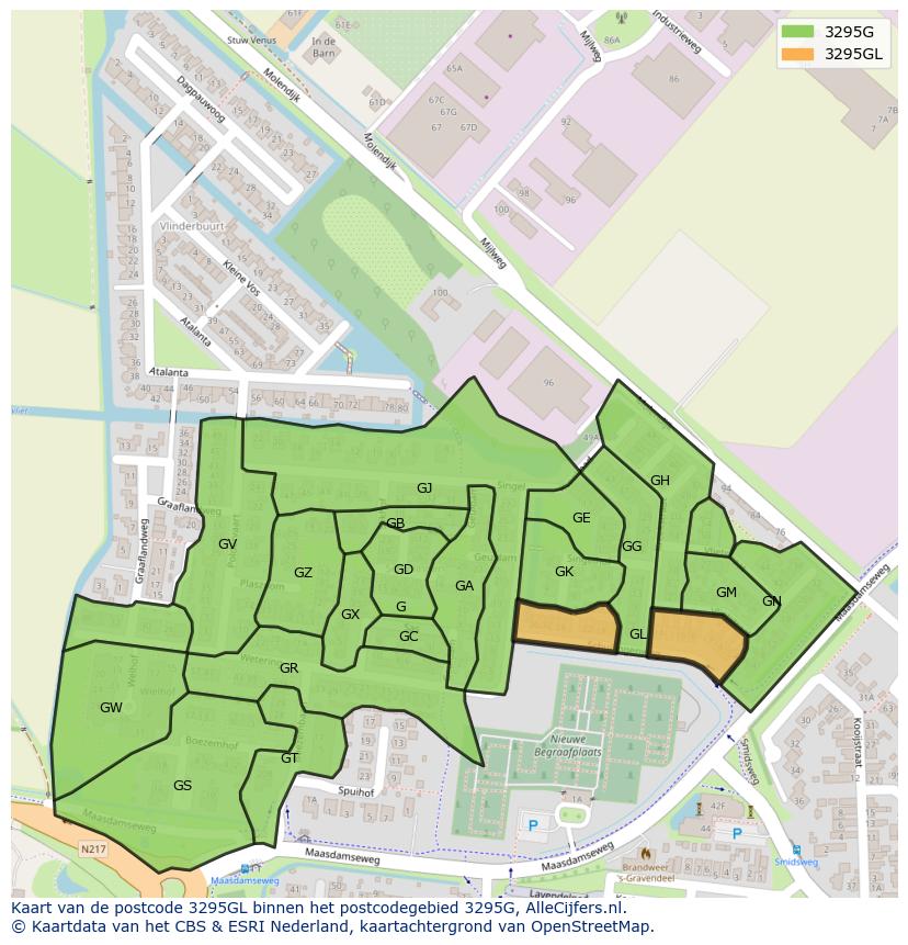 Afbeelding van het postcodegebied 3295 GL op de kaart.