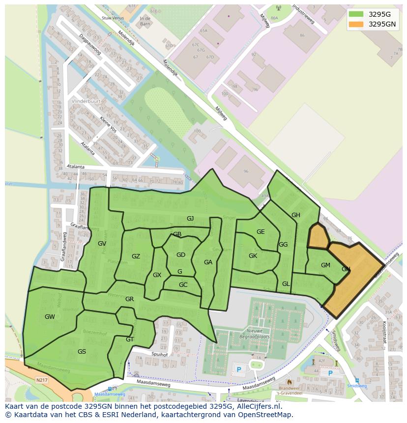 Afbeelding van het postcodegebied 3295 GN op de kaart.