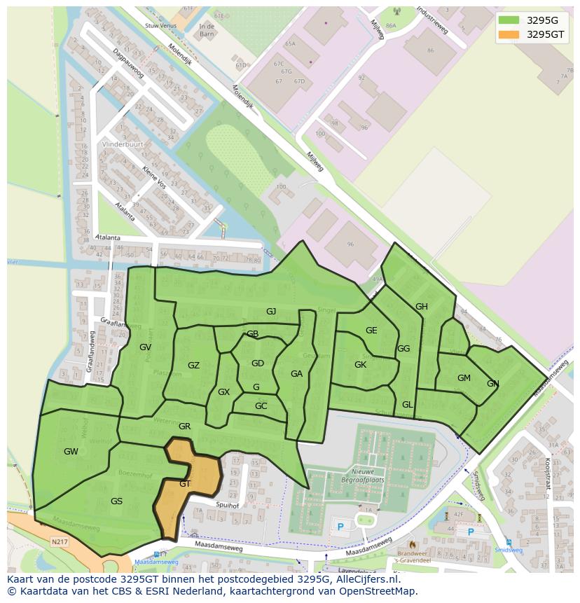 Afbeelding van het postcodegebied 3295 GT op de kaart.