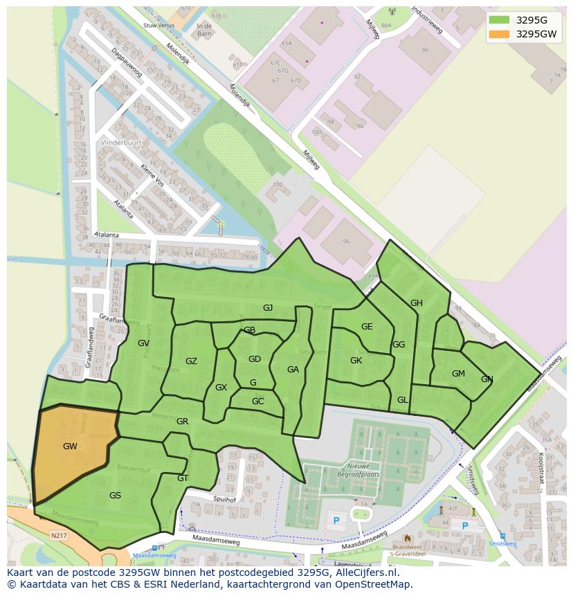Afbeelding van het postcodegebied 3295 GW op de kaart.
