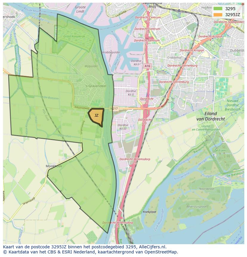 Afbeelding van het postcodegebied 3295 JZ op de kaart.