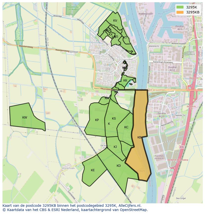 Afbeelding van het postcodegebied 3295 KB op de kaart.