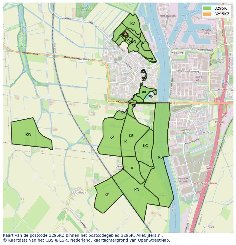 Afbeelding van het postcodegebied 3295 KZ op de kaart.