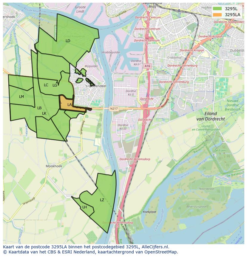 Afbeelding van het postcodegebied 3295 LA op de kaart.