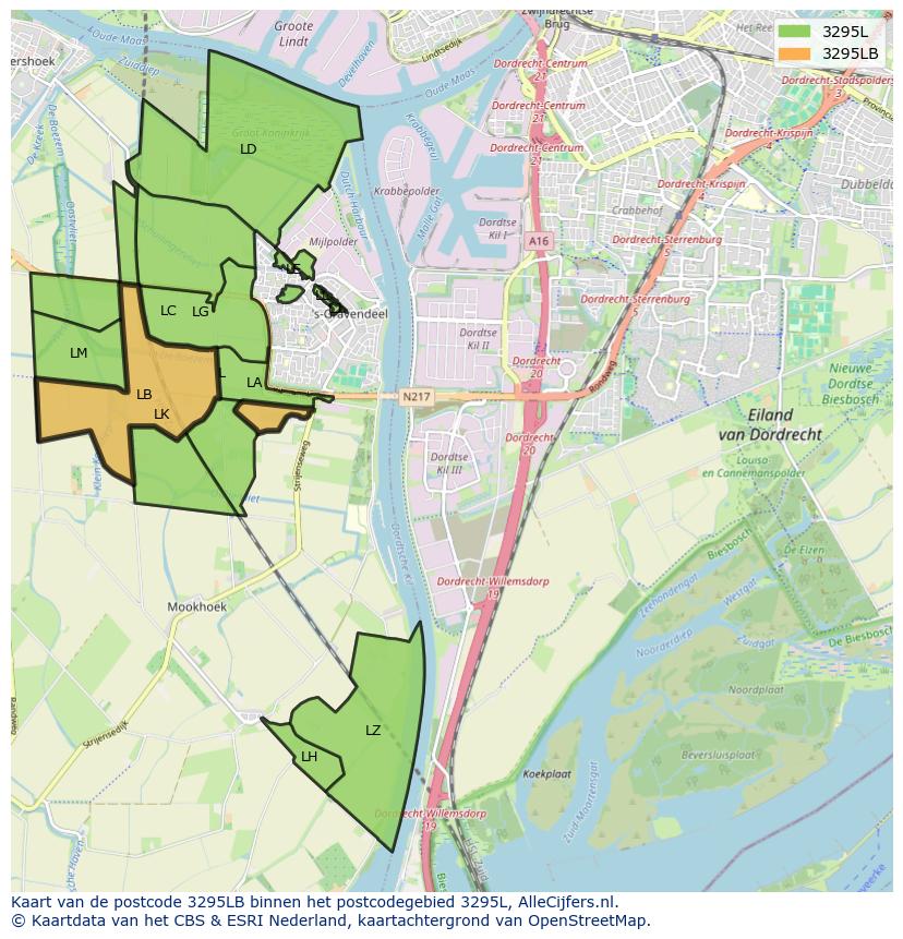 Afbeelding van het postcodegebied 3295 LB op de kaart.