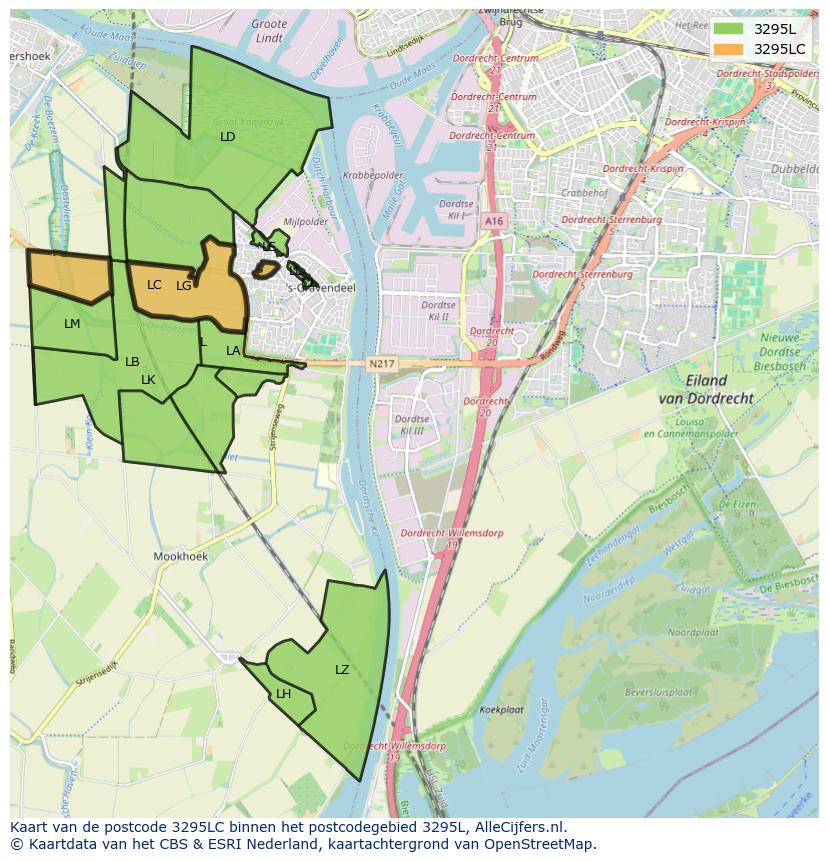 Afbeelding van het postcodegebied 3295 LC op de kaart.