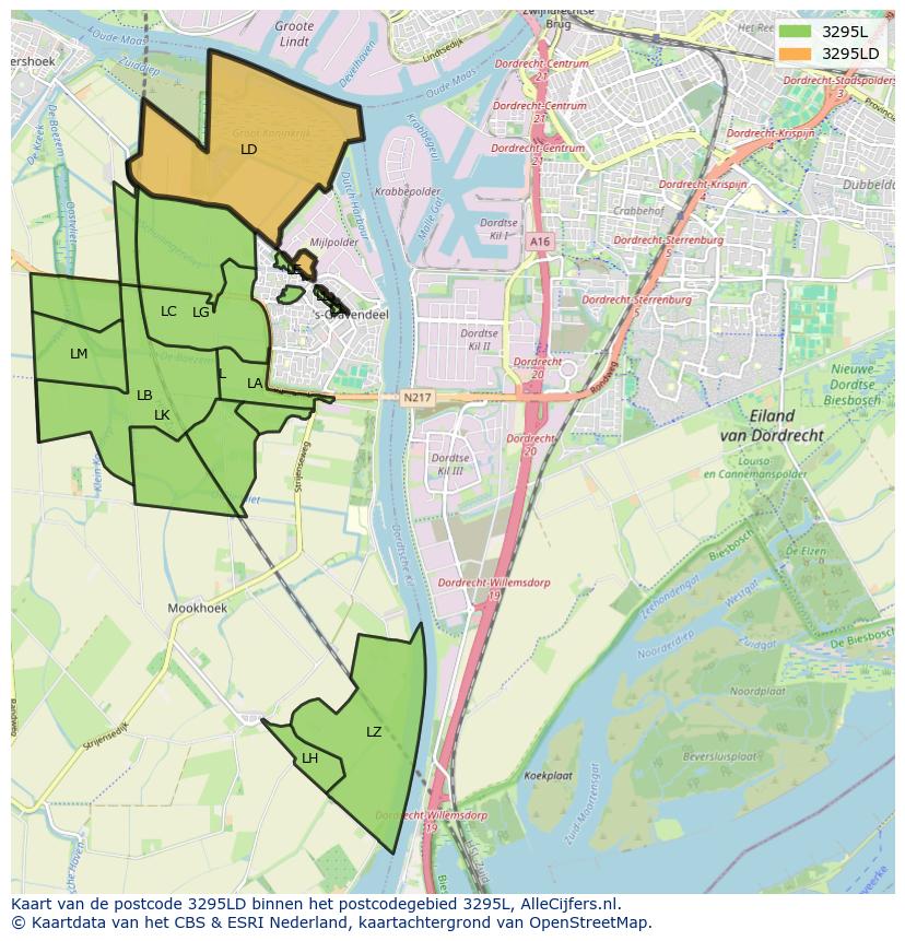 Afbeelding van het postcodegebied 3295 LD op de kaart.