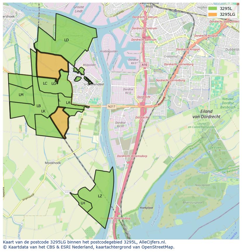 Afbeelding van het postcodegebied 3295 LG op de kaart.