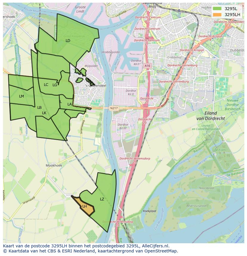Afbeelding van het postcodegebied 3295 LH op de kaart.
