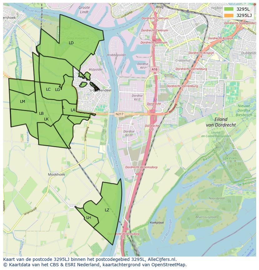 Afbeelding van het postcodegebied 3295 LJ op de kaart.