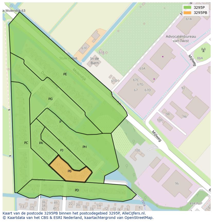 Afbeelding van het postcodegebied 3295 PB op de kaart.