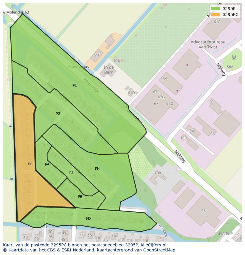 Afbeelding van het postcodegebied 3295 PC op de kaart.