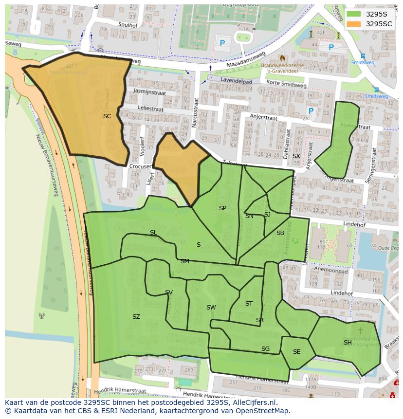 Afbeelding van het postcodegebied 3295 SC op de kaart.
