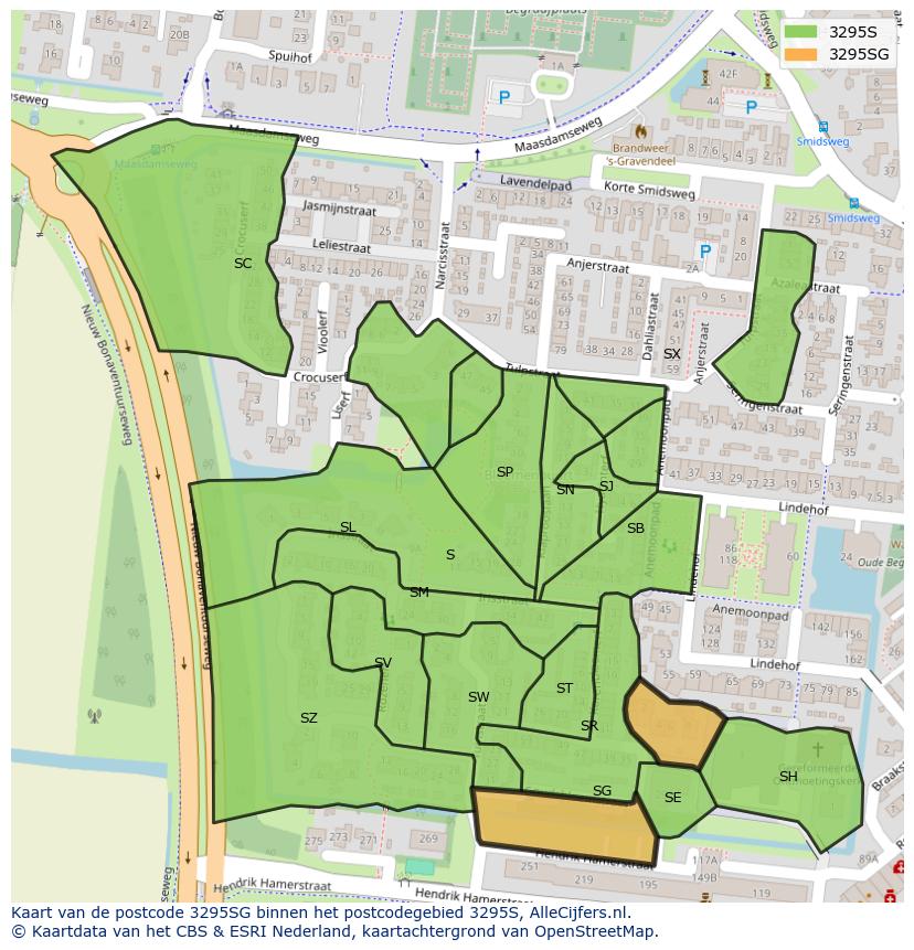 Afbeelding van het postcodegebied 3295 SG op de kaart.