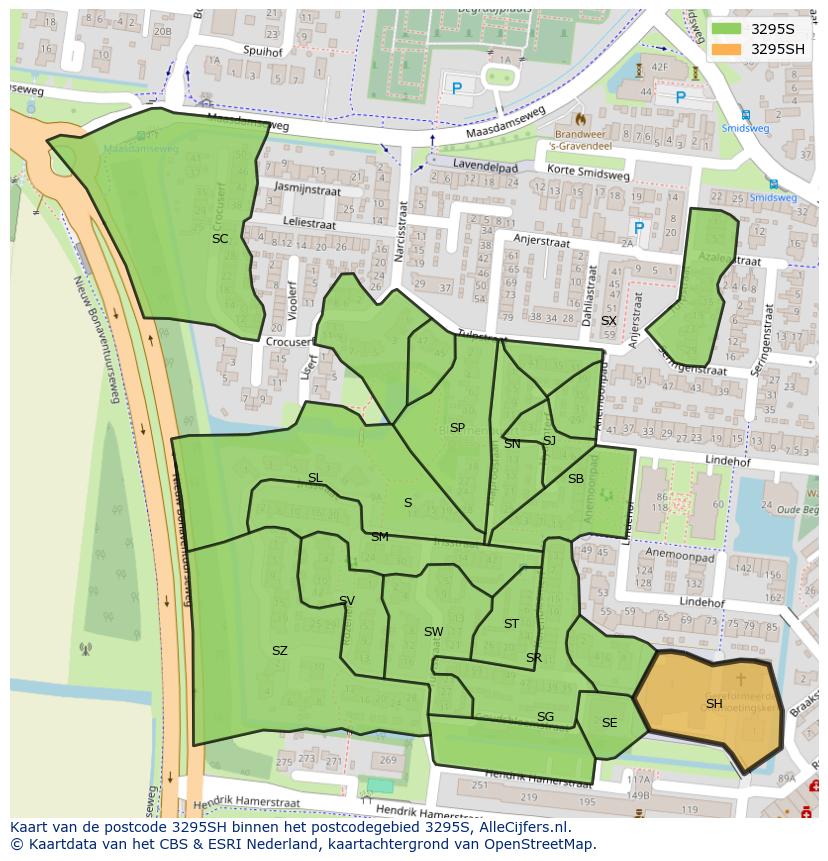 Afbeelding van het postcodegebied 3295 SH op de kaart.