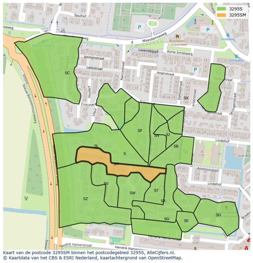 Afbeelding van het postcodegebied 3295 SM op de kaart.