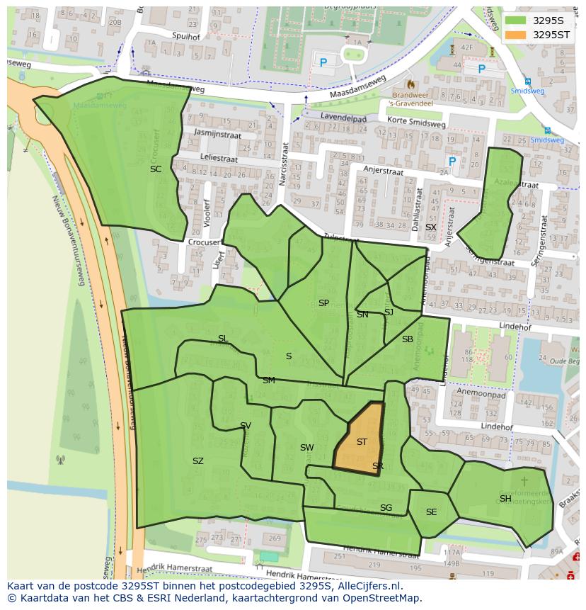 Afbeelding van het postcodegebied 3295 ST op de kaart.