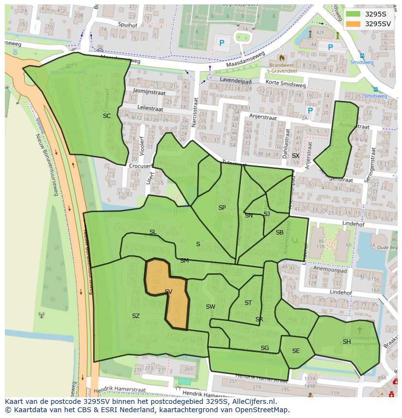 Afbeelding van het postcodegebied 3295 SV op de kaart.