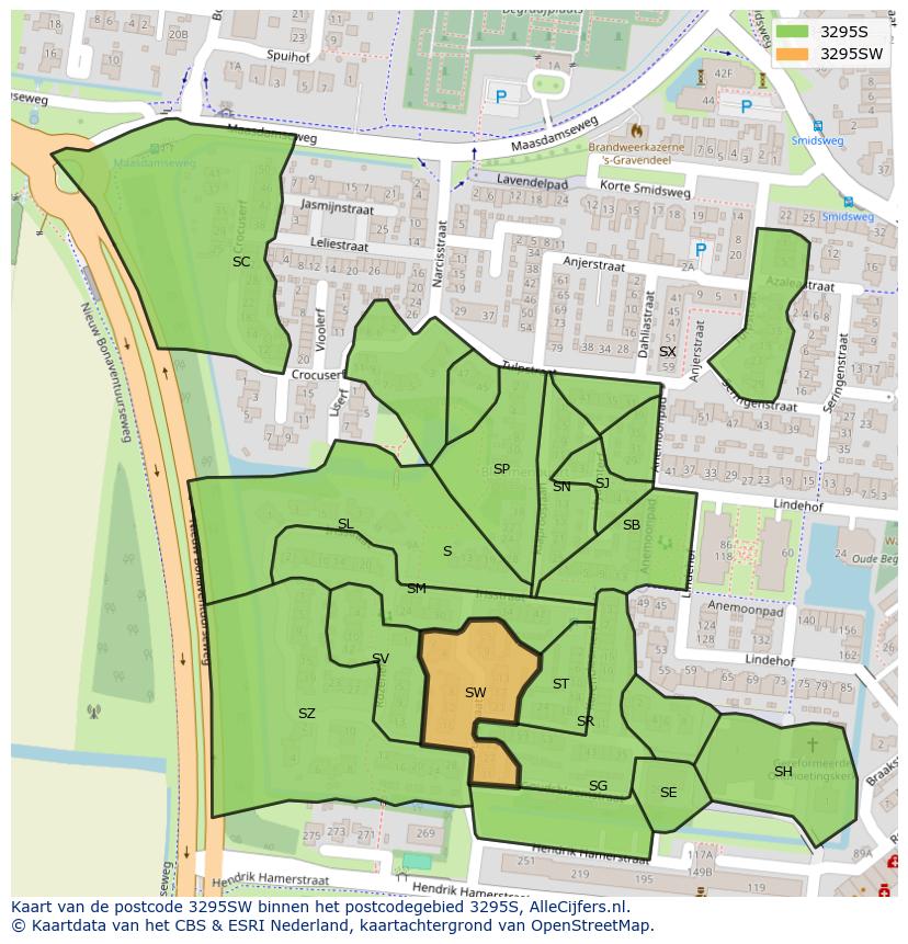 Afbeelding van het postcodegebied 3295 SW op de kaart.