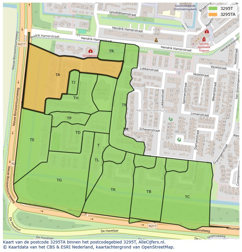 Afbeelding van het postcodegebied 3295 TA op de kaart.