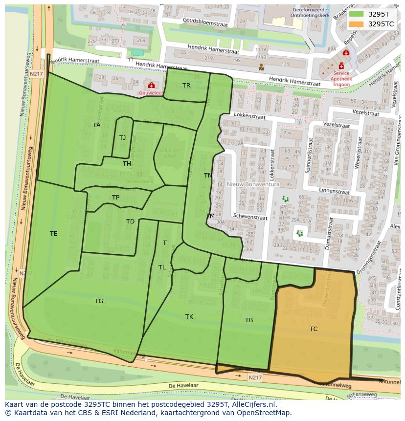 Afbeelding van het postcodegebied 3295 TC op de kaart.
