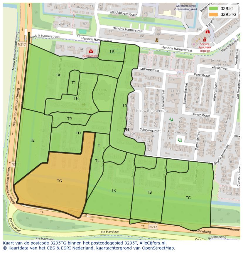 Afbeelding van het postcodegebied 3295 TG op de kaart.