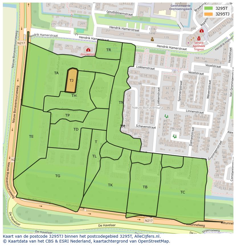 Afbeelding van het postcodegebied 3295 TJ op de kaart.