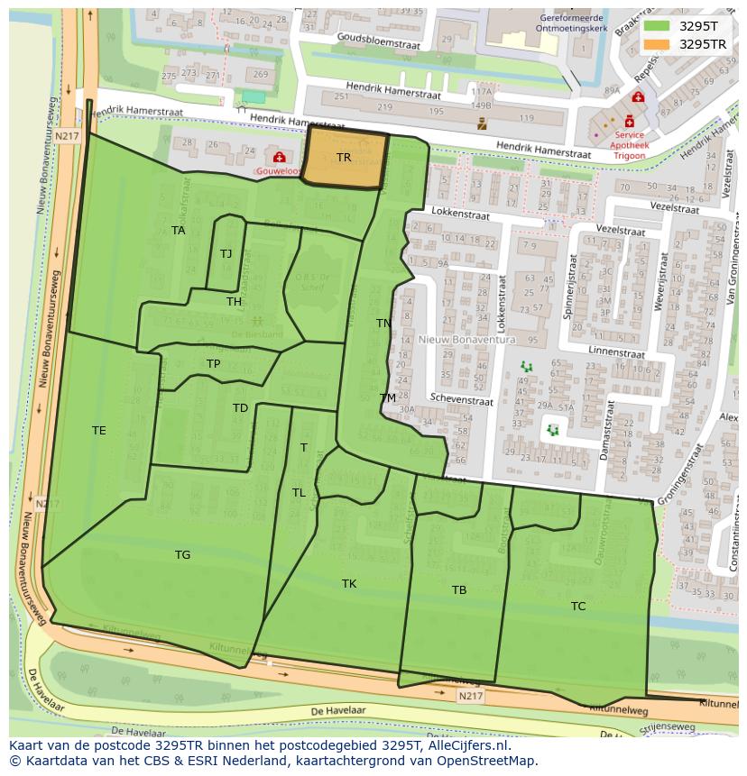 Afbeelding van het postcodegebied 3295 TR op de kaart.