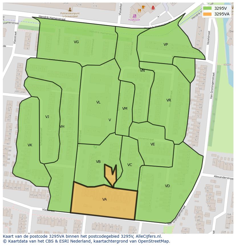 Afbeelding van het postcodegebied 3295 VA op de kaart.