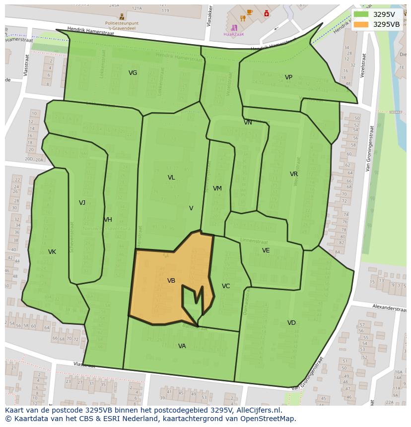 Afbeelding van het postcodegebied 3295 VB op de kaart.