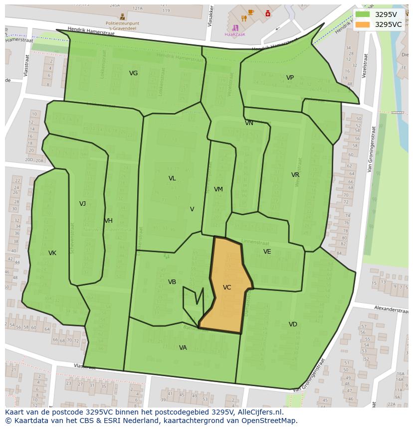 Afbeelding van het postcodegebied 3295 VC op de kaart.