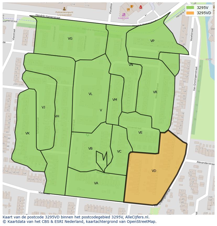 Afbeelding van het postcodegebied 3295 VD op de kaart.