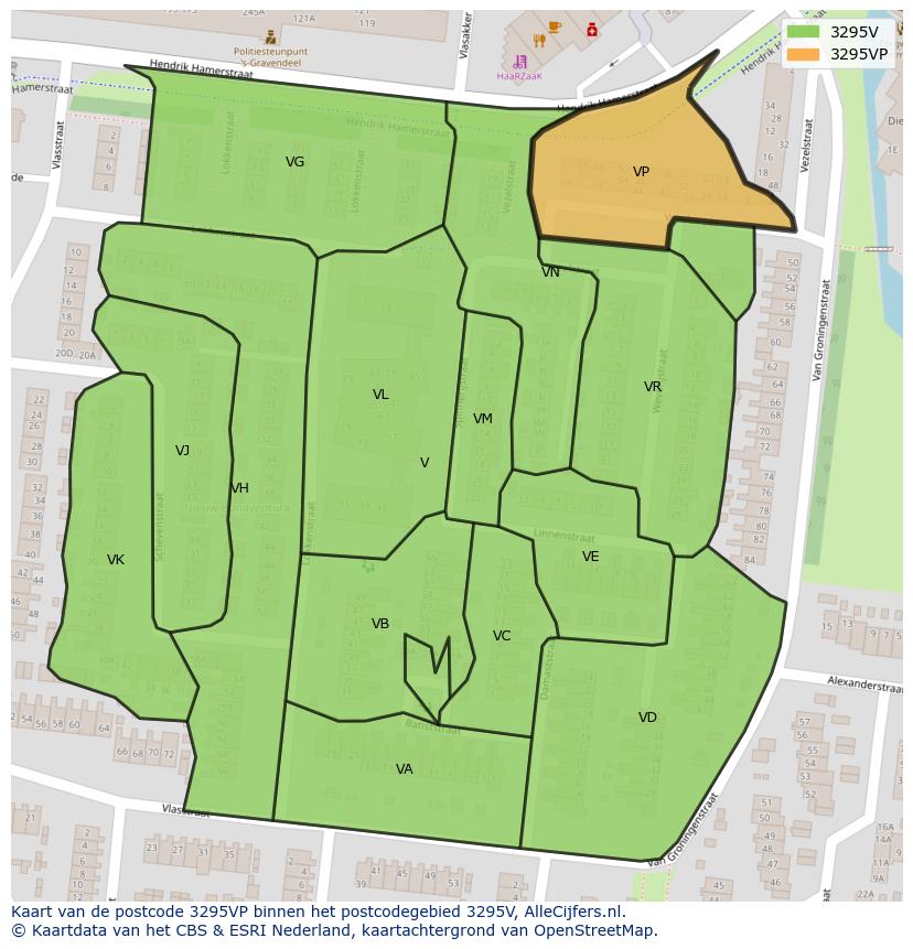Afbeelding van het postcodegebied 3295 VP op de kaart.