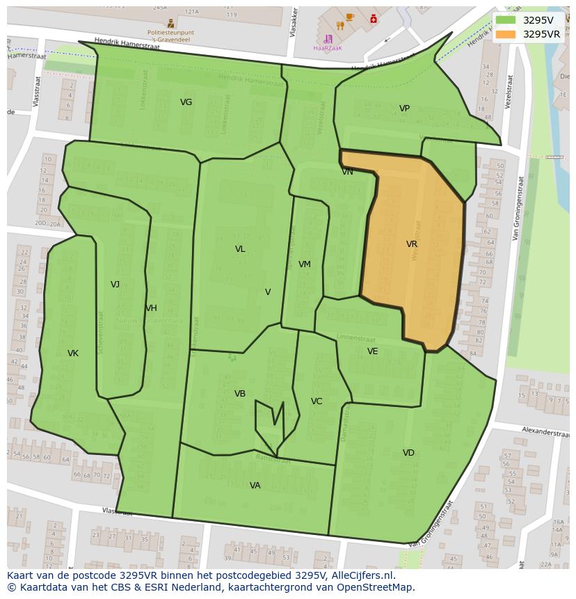 Afbeelding van het postcodegebied 3295 VR op de kaart.