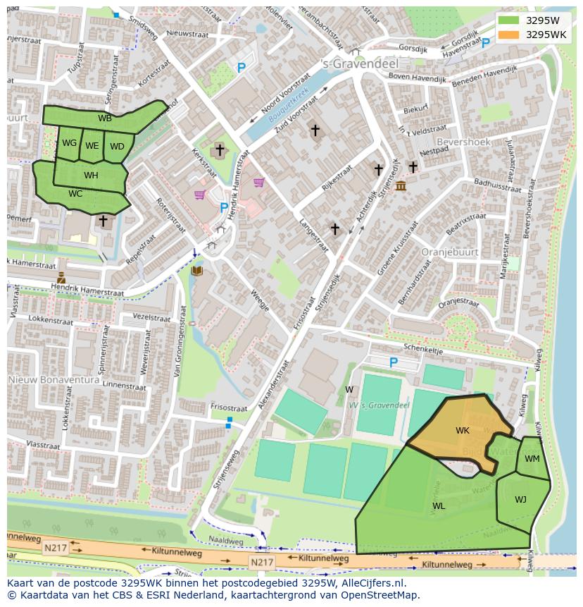 Afbeelding van het postcodegebied 3295 WK op de kaart.