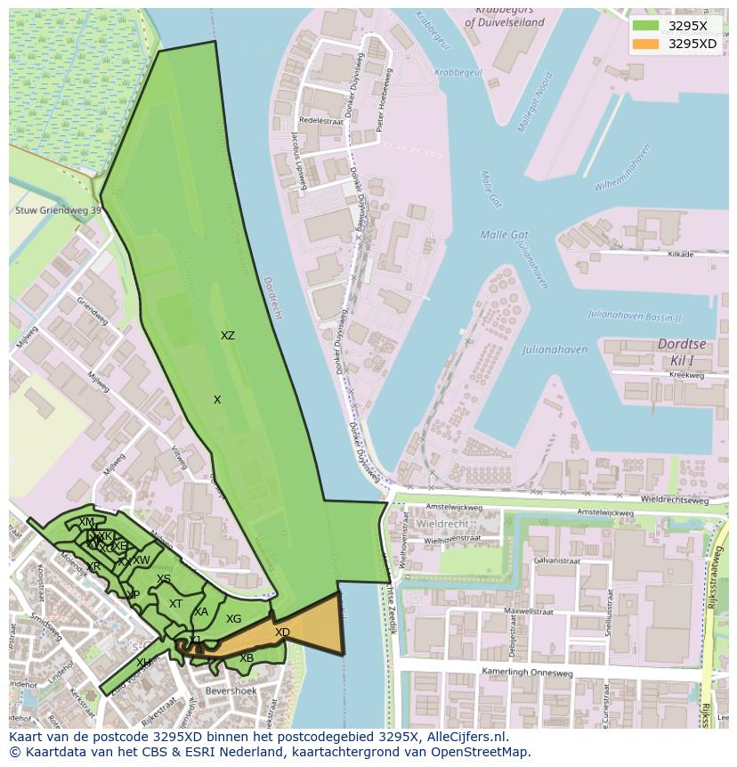 Afbeelding van het postcodegebied 3295 XD op de kaart.