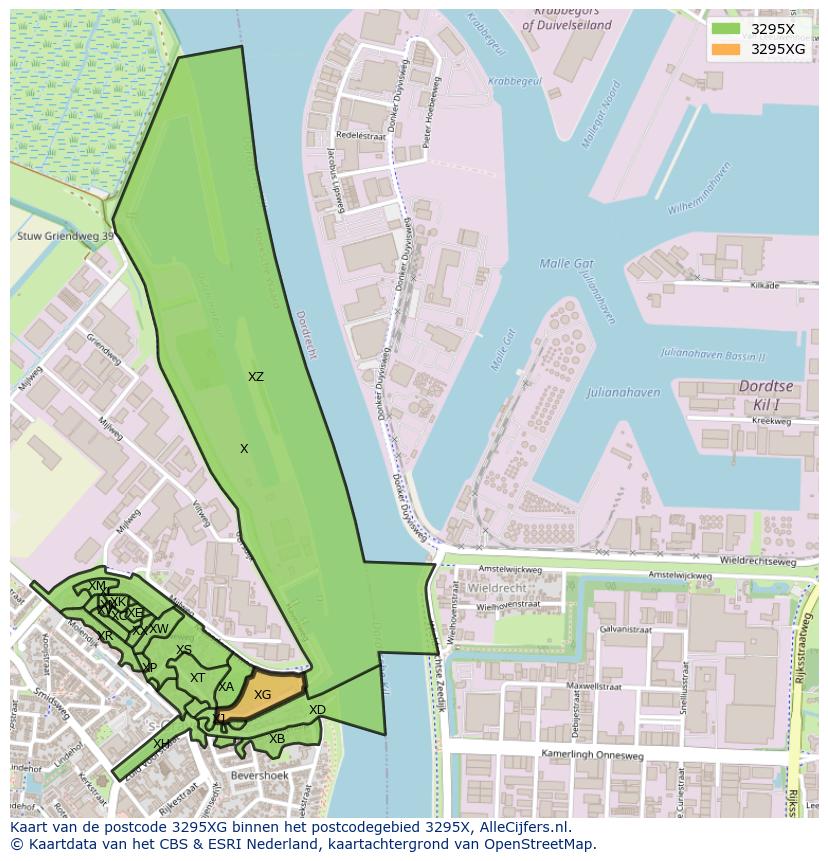 Afbeelding van het postcodegebied 3295 XG op de kaart.