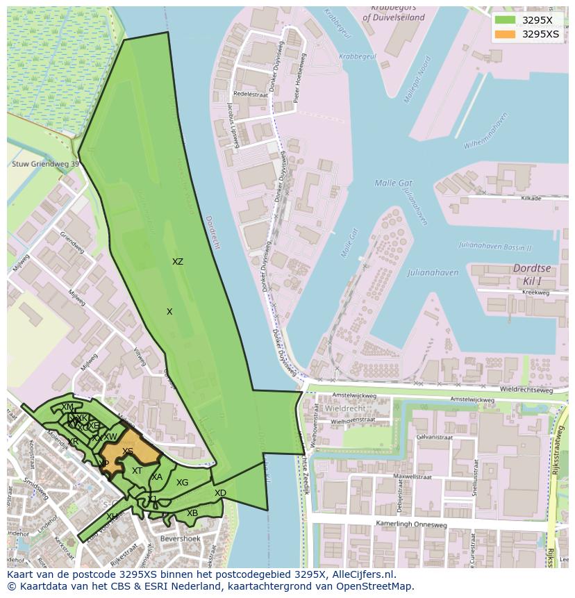 Afbeelding van het postcodegebied 3295 XS op de kaart.