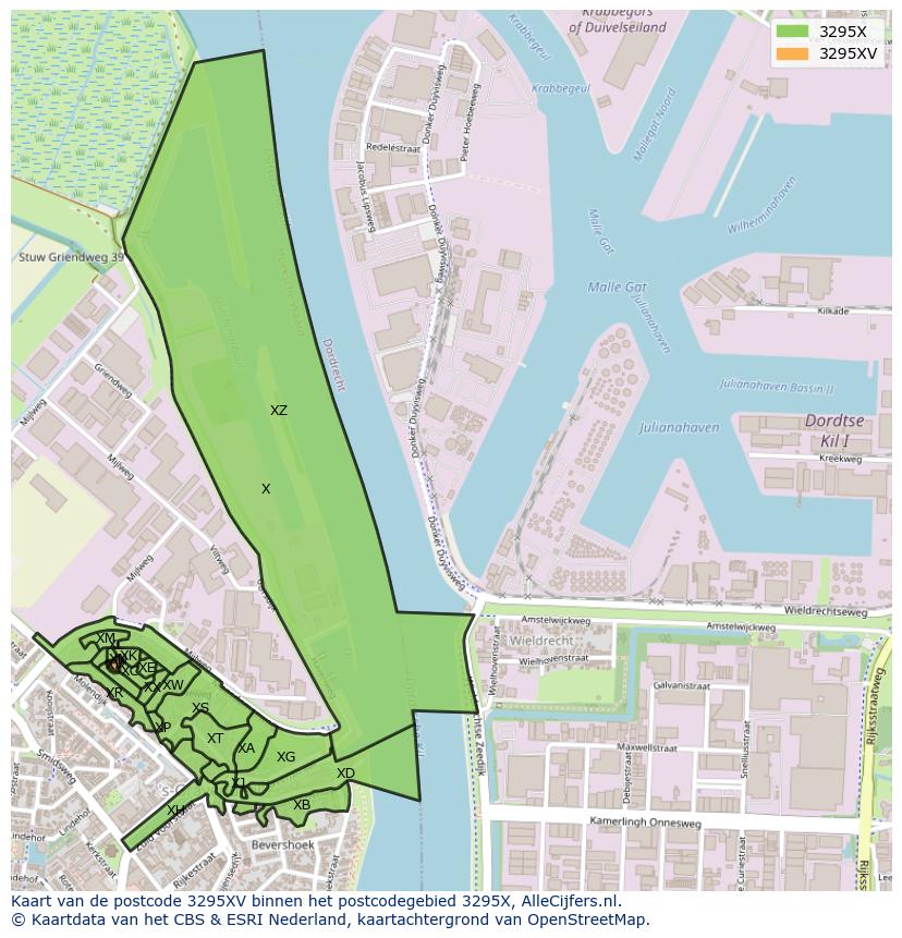 Afbeelding van het postcodegebied 3295 XV op de kaart.