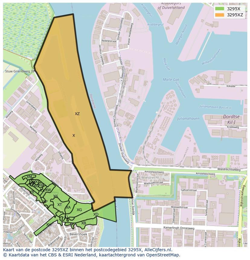 Afbeelding van het postcodegebied 3295 XZ op de kaart.