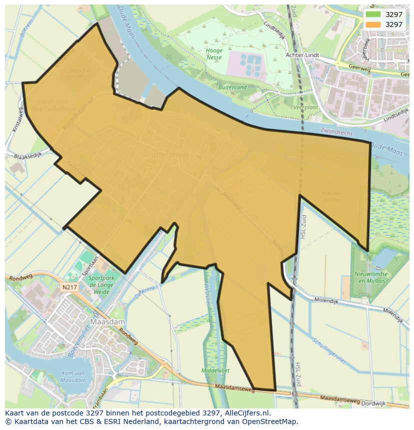 Afbeelding van het postcodegebied 3297 op de kaart.