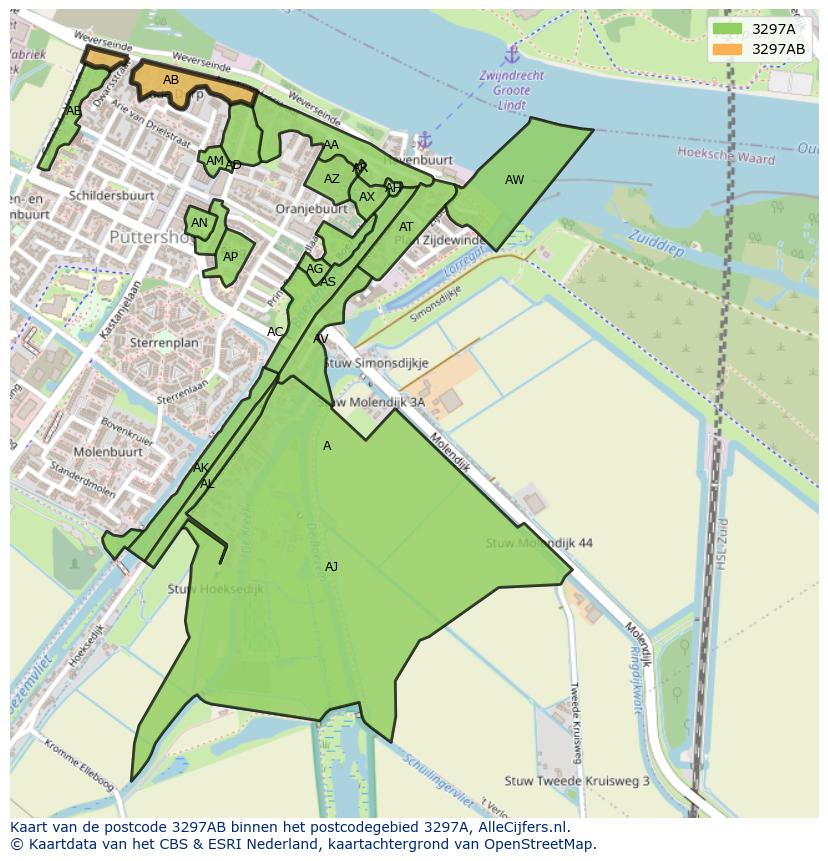 Afbeelding van het postcodegebied 3297 AB op de kaart.