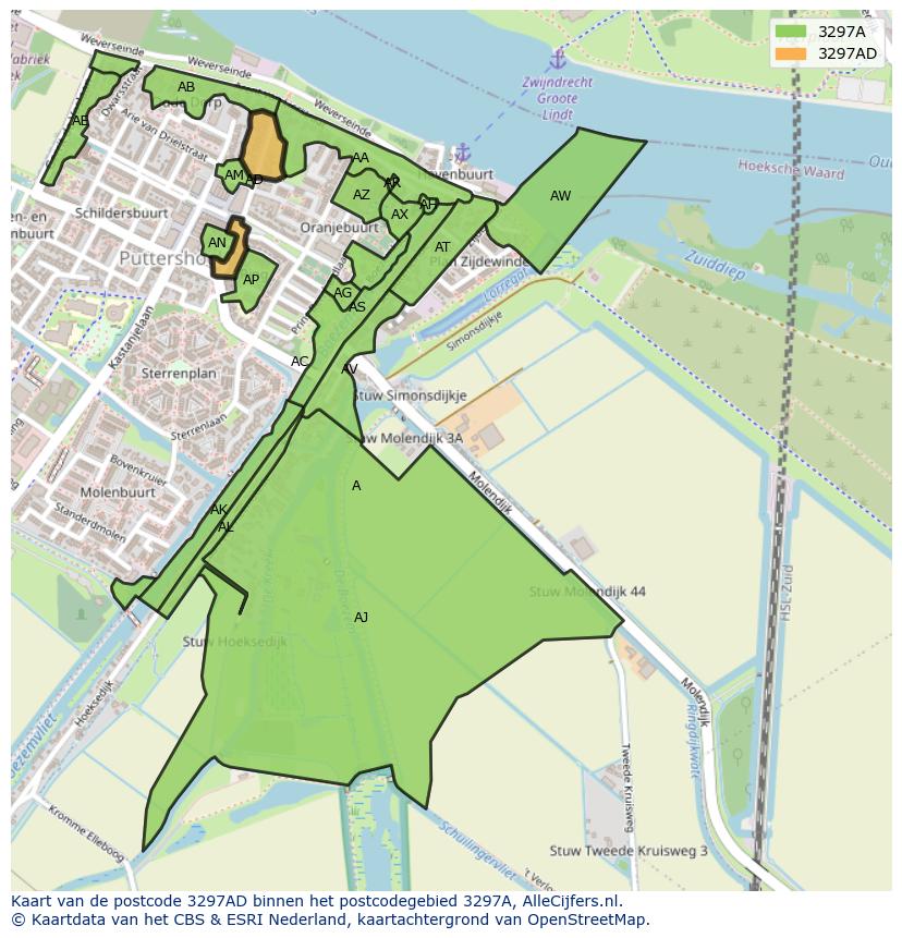 Afbeelding van het postcodegebied 3297 AD op de kaart.