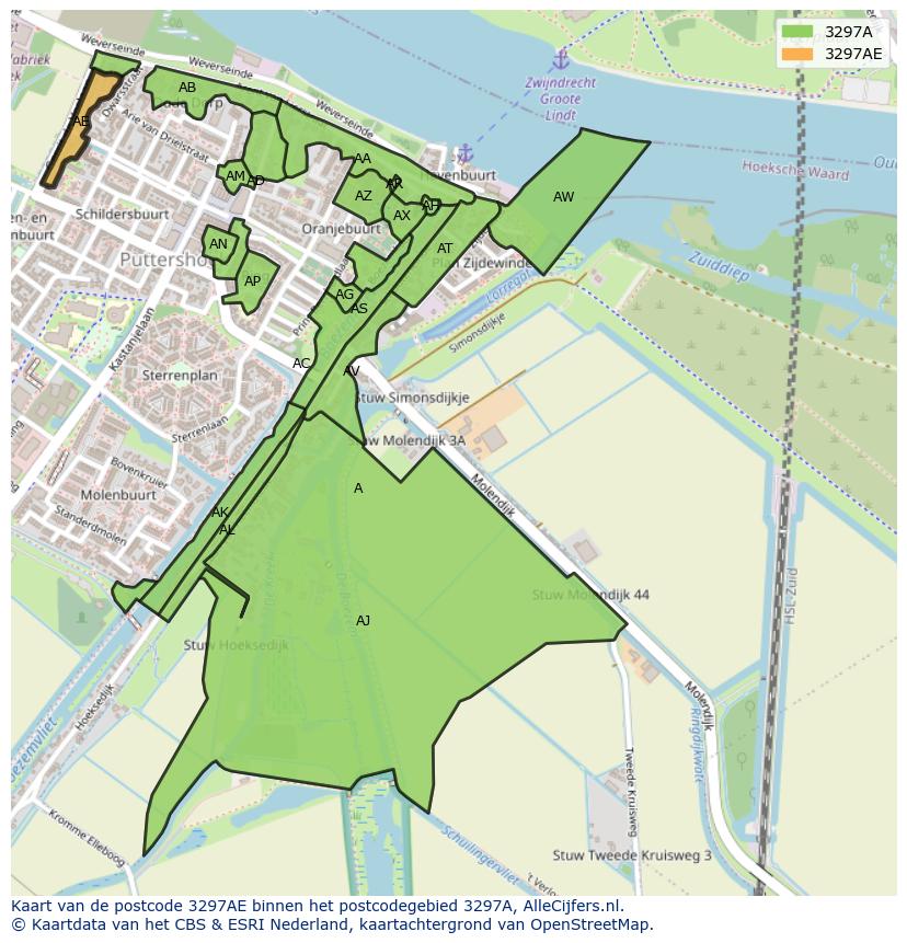 Afbeelding van het postcodegebied 3297 AE op de kaart.